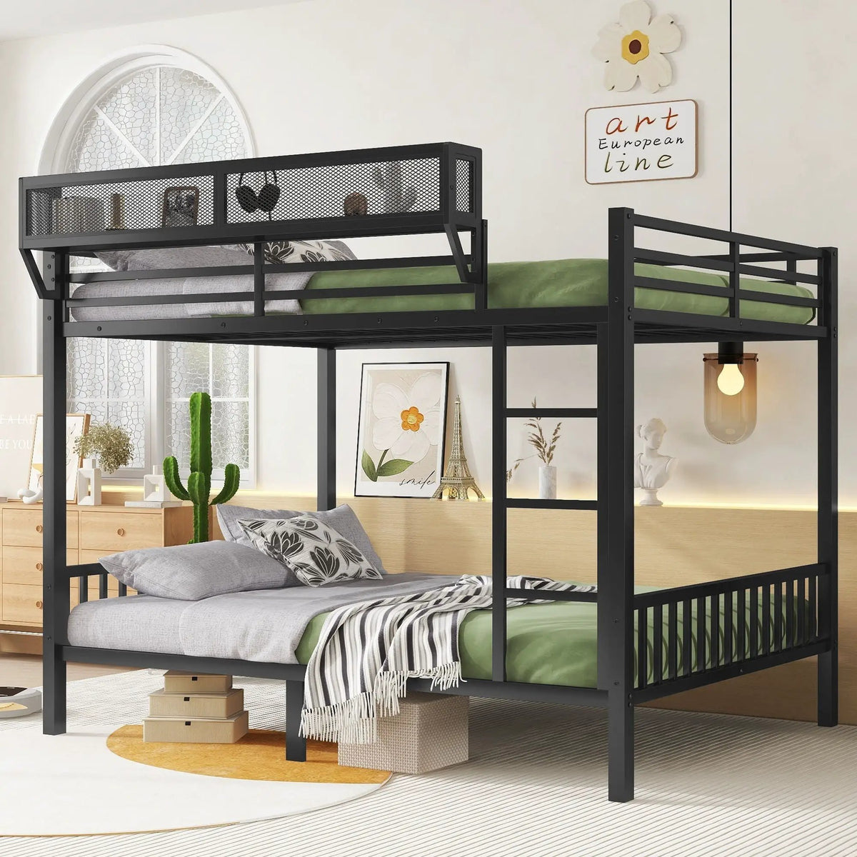 Queen Over Queen Bunk Bed | Durable Steel Frame | Storage Shelf | Black