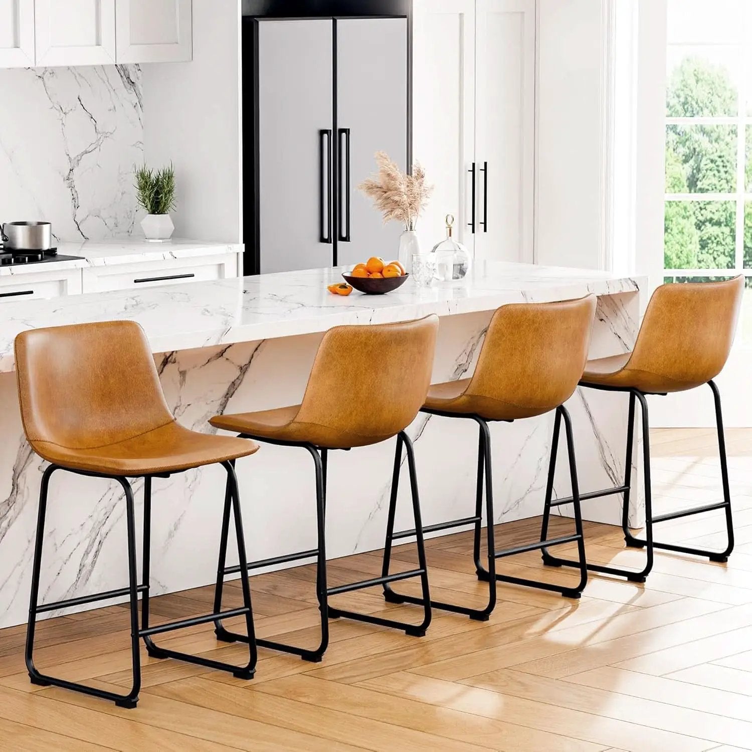 Bar Stools Set Of 4 26 Inch Brown PU Leather Counter Height from PriceLows™