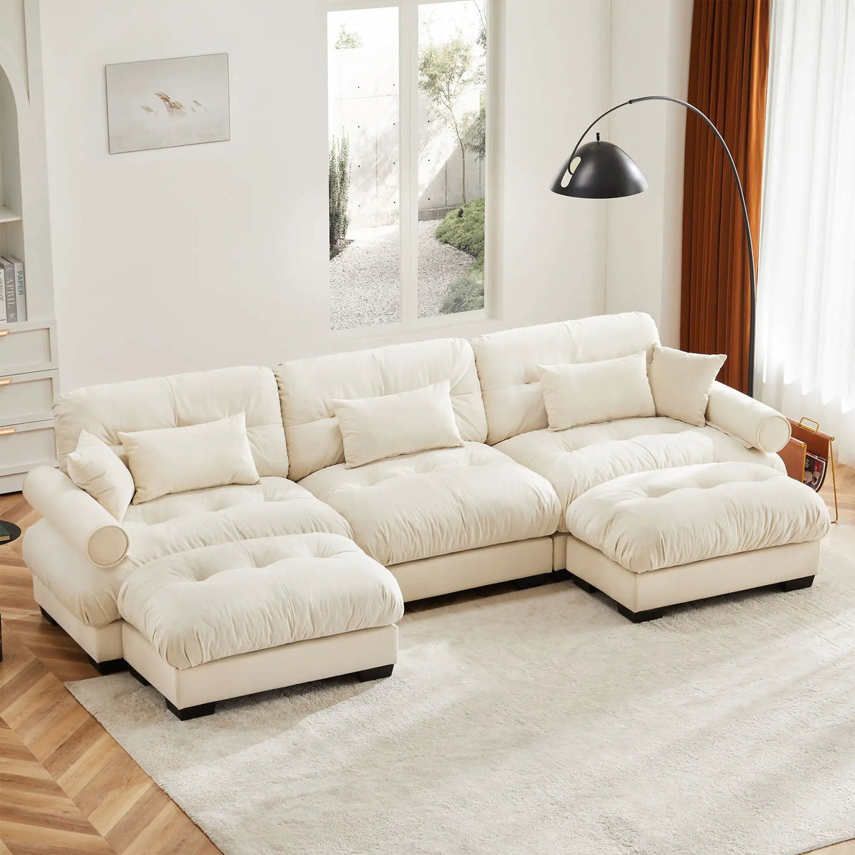 Modular Sectional Sofa | Deep Comfort Cushions | Vintage Fabric Ottoman