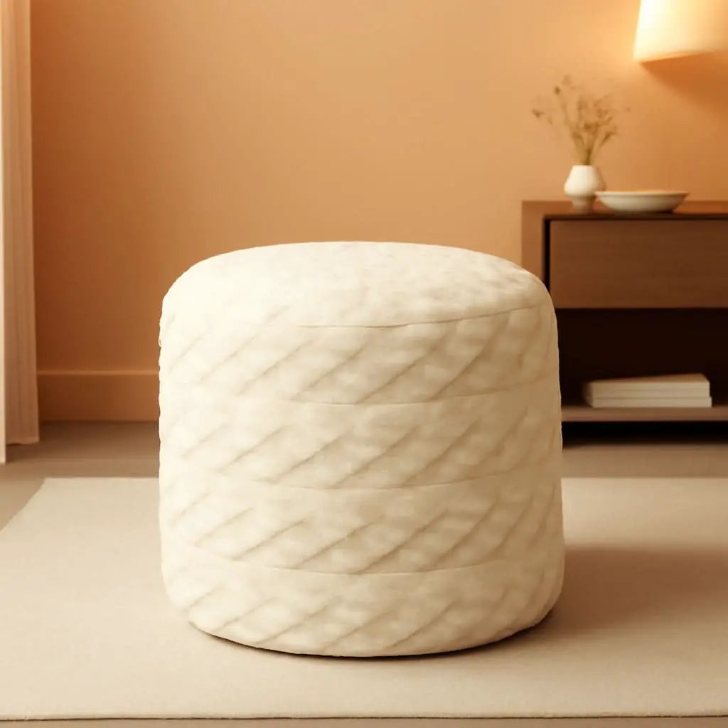 Beige Velvet Texture FauxFur Memory Foam Round Ottoman from PriceLows™