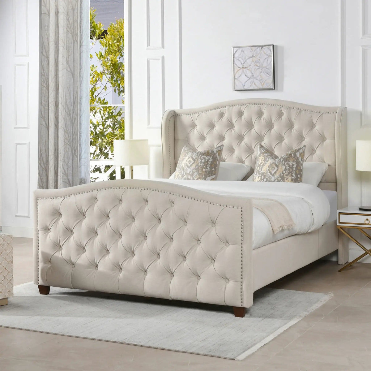 Marcella Upholstered Shelter Headboard Bed | 5 Pieces | Fabric & Iron | Bedroom