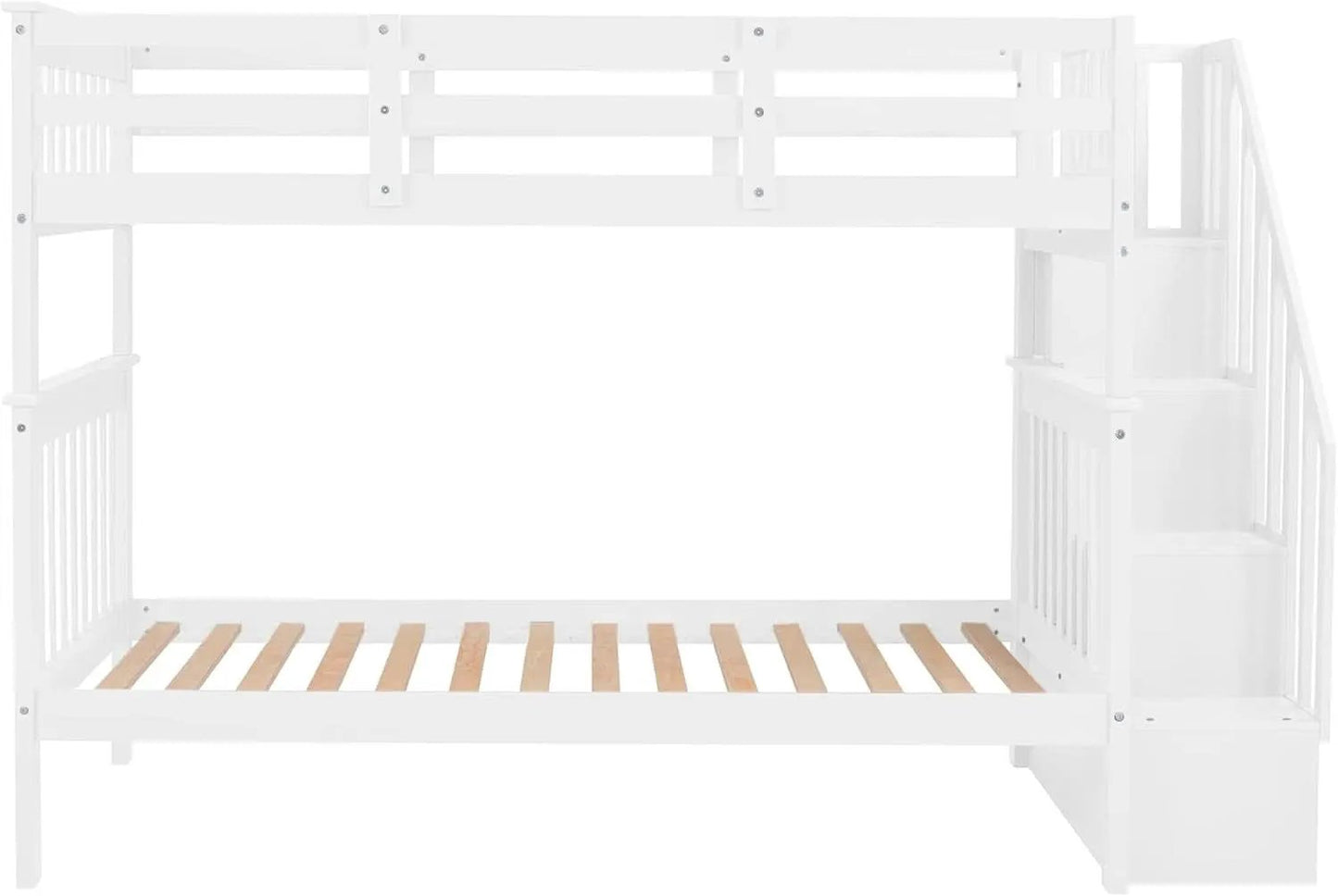 Twin Over Twin Bunk Bed With Stairs Solid Wood White from PriceLows™