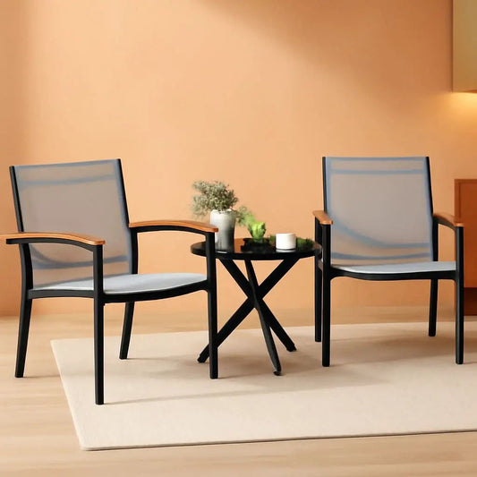 Three Piece Patio Bistro Set With Textilene Fabric Chairs And Table Grey Outdoor Furniture Set from PriceLows™