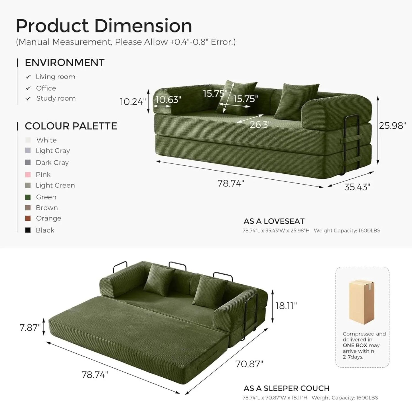 Green Convertible Sofa Bed With Removable Armrests from PriceLows™