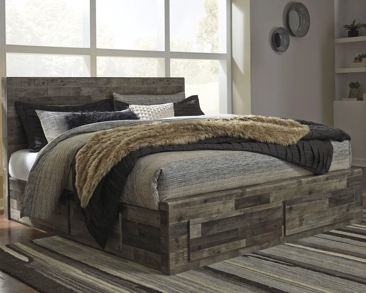 Derekson Panel Bedroom Set | 4-Piece | Rustic Butcher Block Finish | Replicated Pine Grain