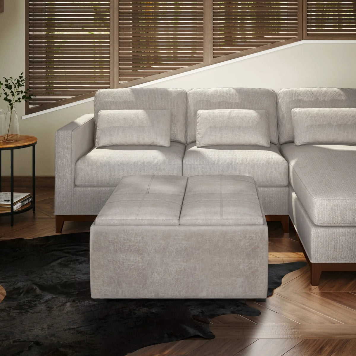 Avalon Square Storage Ottoman | Coffee Table Design | Four Flip Over Serving Trays | 35 Inch Width