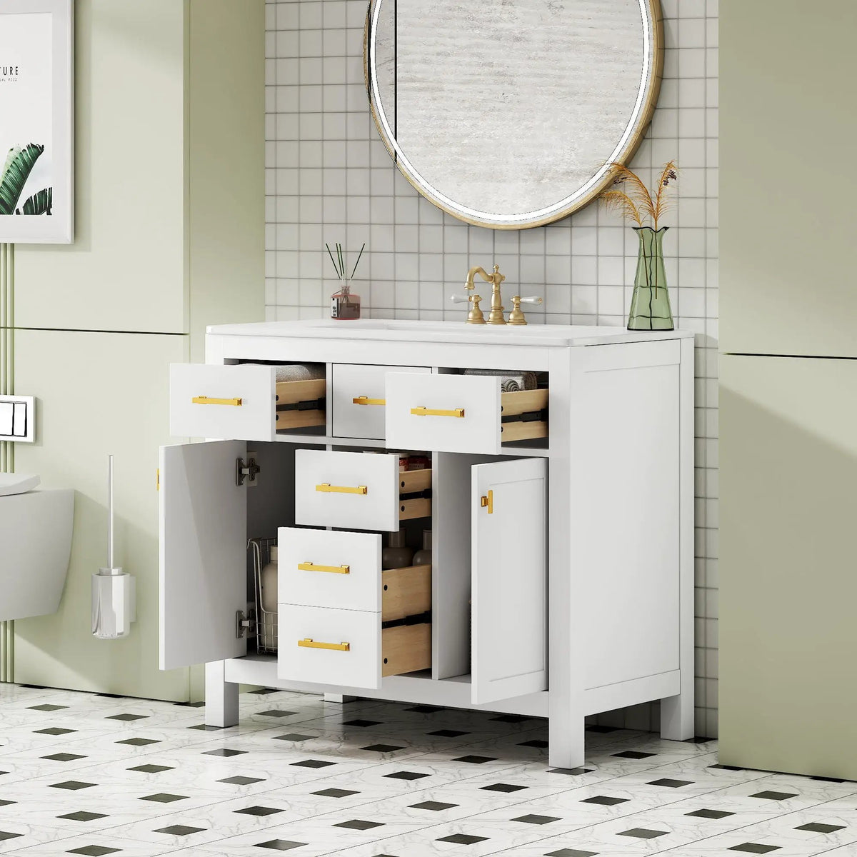 36 Inch Bathroom Vanity | Resin Sink Combo Set | 4 Drawers | Solid Wood Feet