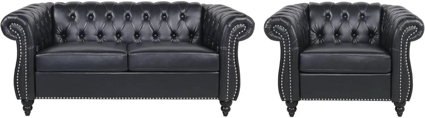2 Piece Living Room Sofa Set Black Faux Leather Club Chair And Chesterfield Loveseat from PriceLows™