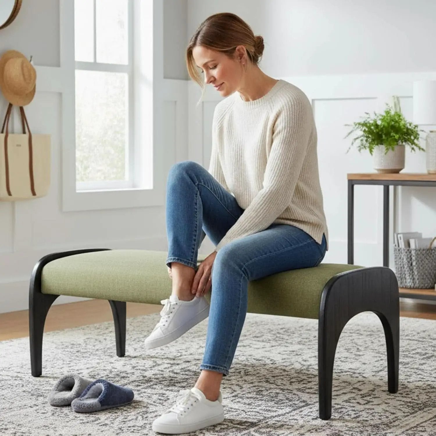 51 Inches Wide Linen Textured Emerald Ottoman Bench from PriceLows™