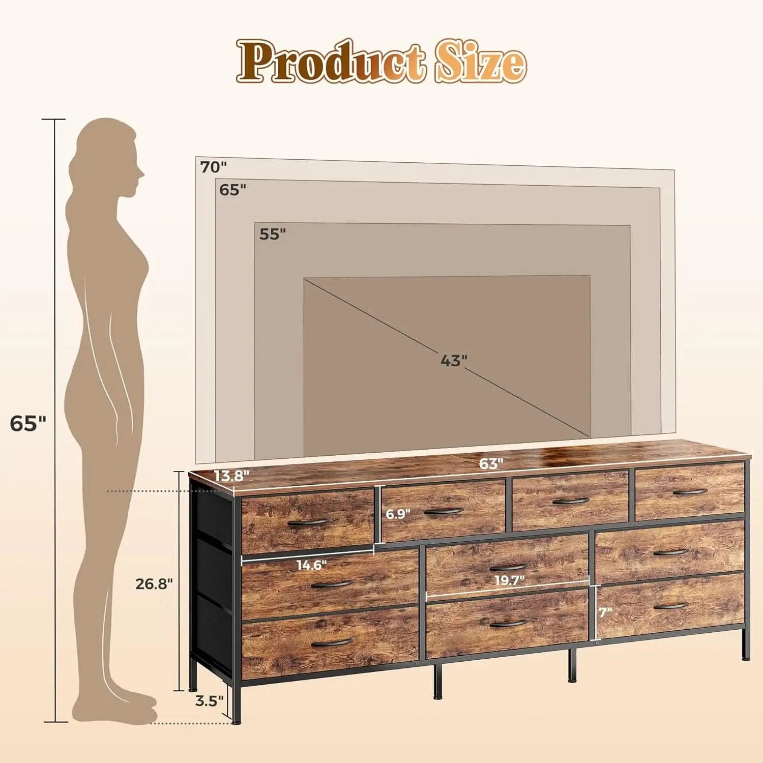 63 Inch Dresser With Durable Fabric Drawers In Rustic Brown from PriceLows™
