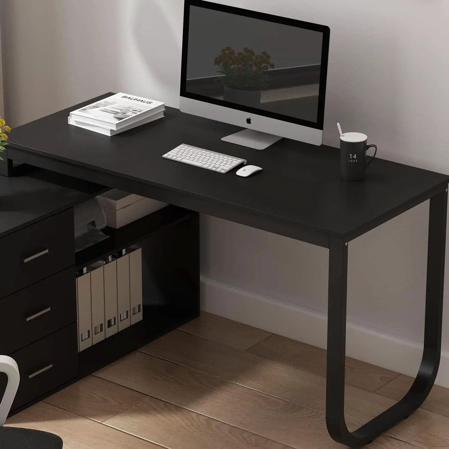 55 Inch L Shaped Computer Desk Black Storage Cabinet from PriceLows™