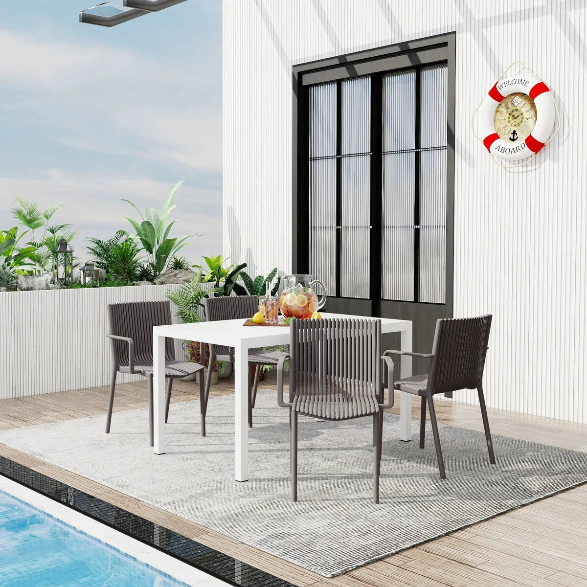 4 Modern Stackable Armchair Matched With Long Table 5 Piece Outdoor Set | 5 Piece Outdoor Set | Metal | Outdoor Living