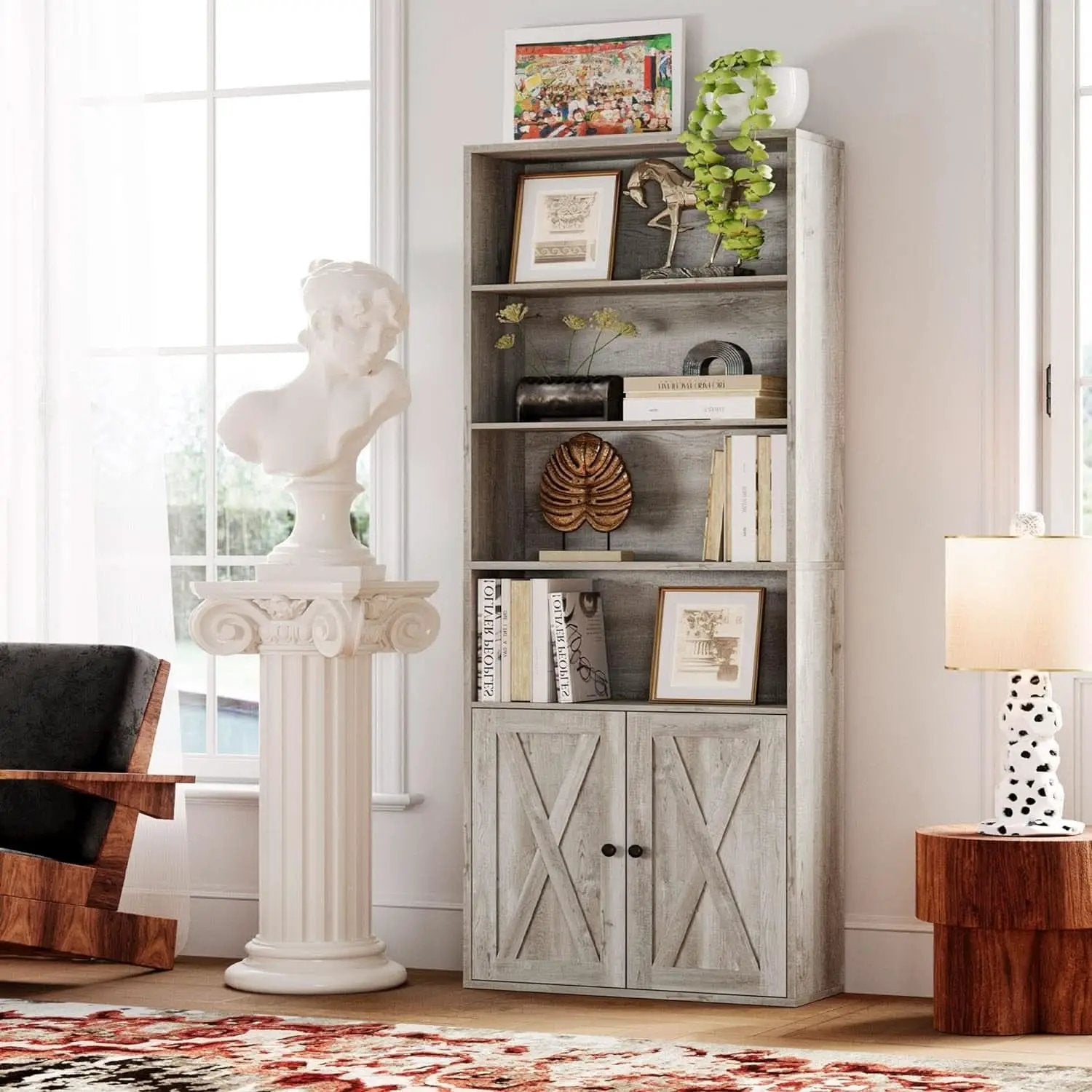 Industrial 70 Inch Tall Bookcase With Doors 6 Shelf Storage from PriceLows™