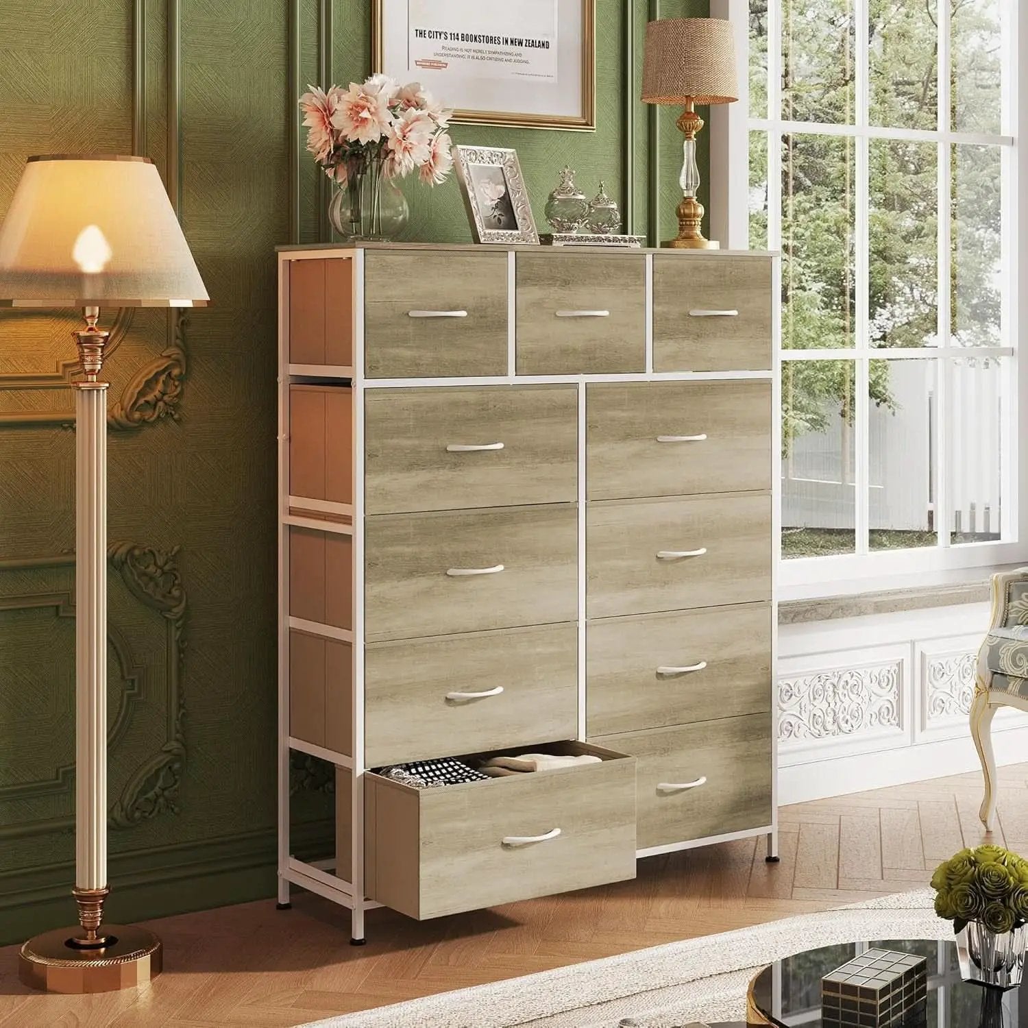 Tall Fabric Dresser Storage Tower 11 Drawer Greige Bedroom from PriceLows™