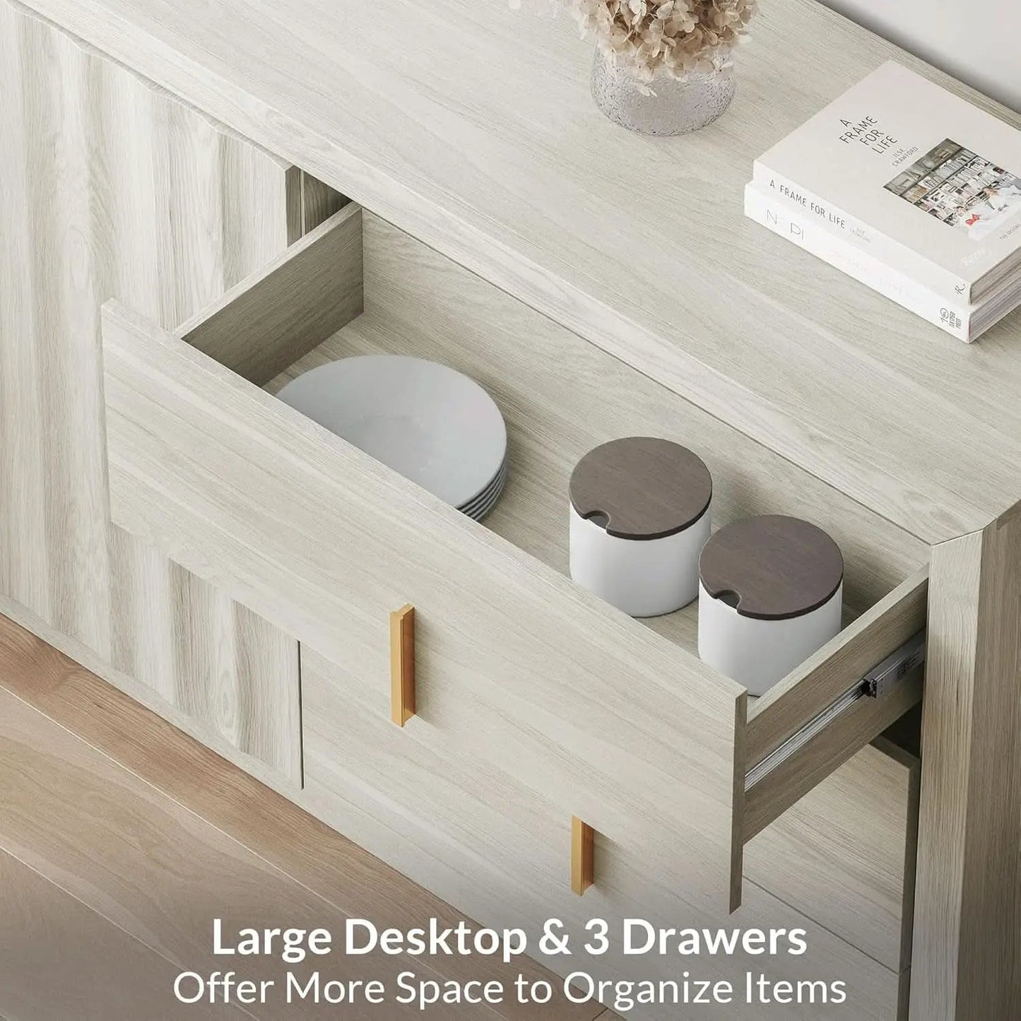 64 Inch Modern Industrial Sideboard Cabinet White Sand from PriceLows™