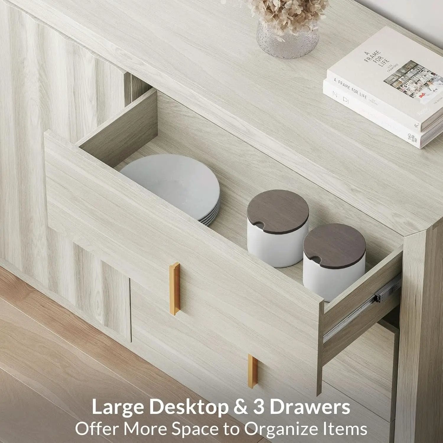 64 Inch Modern Industrial Sideboard Cabinet White Sand from PriceLows™