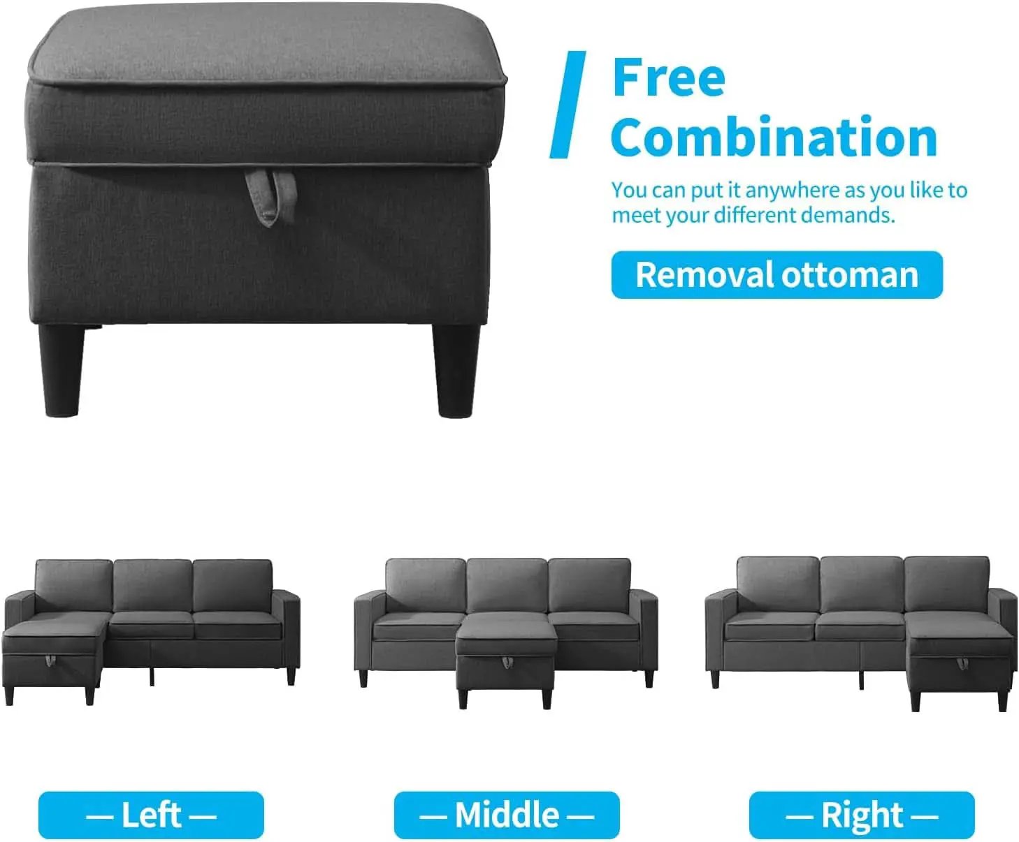 3 Piece Convertible Sofa Set With Linen Upholstery And Storage Ottoman Dark Grey from PriceLows™