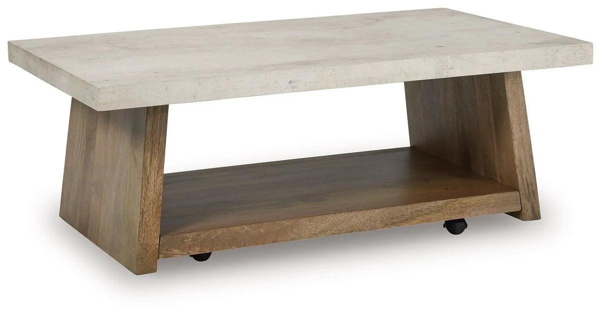 Brendalhouse Rectangular Cocktail Table | Faux Cement Tabletop | Double Plinth Base | Casual Contemporary