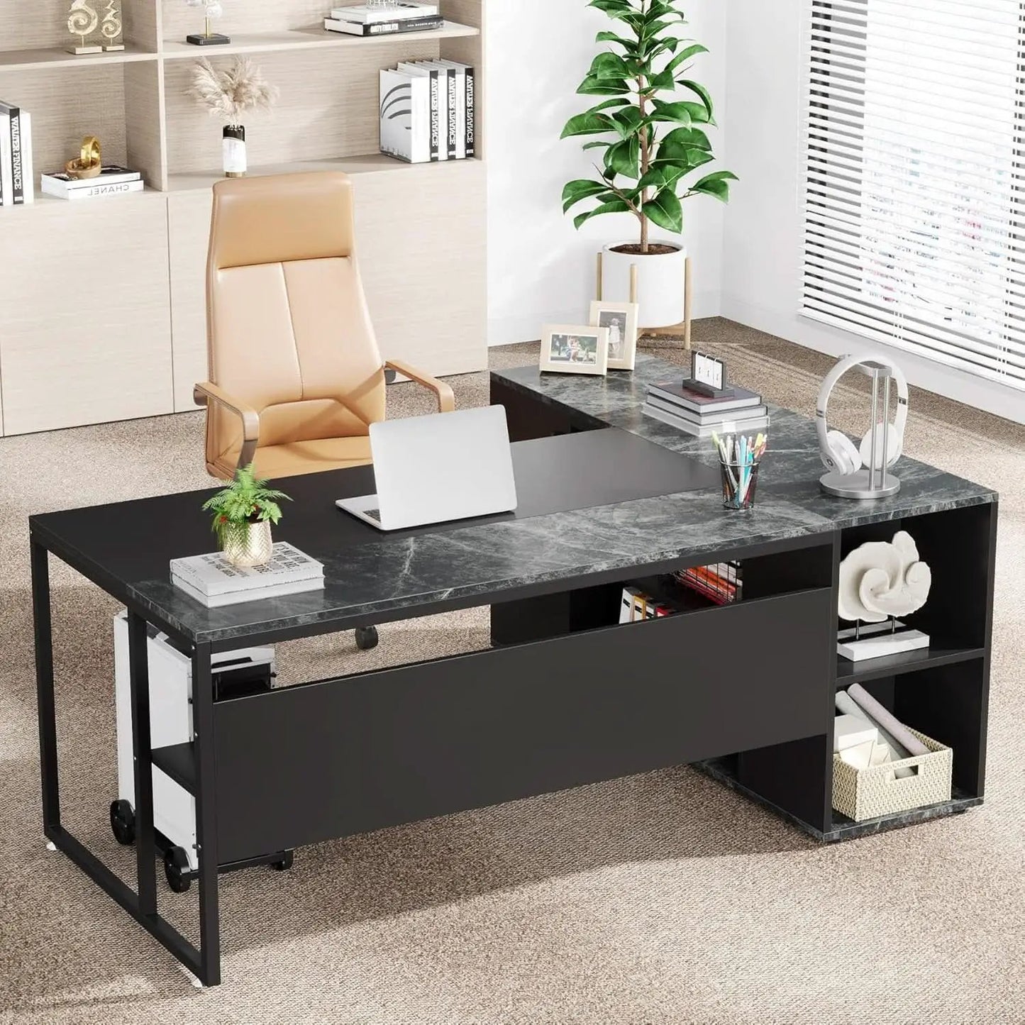 71 Inch Black L Shaped Executive Desk With Storage from PriceLows™