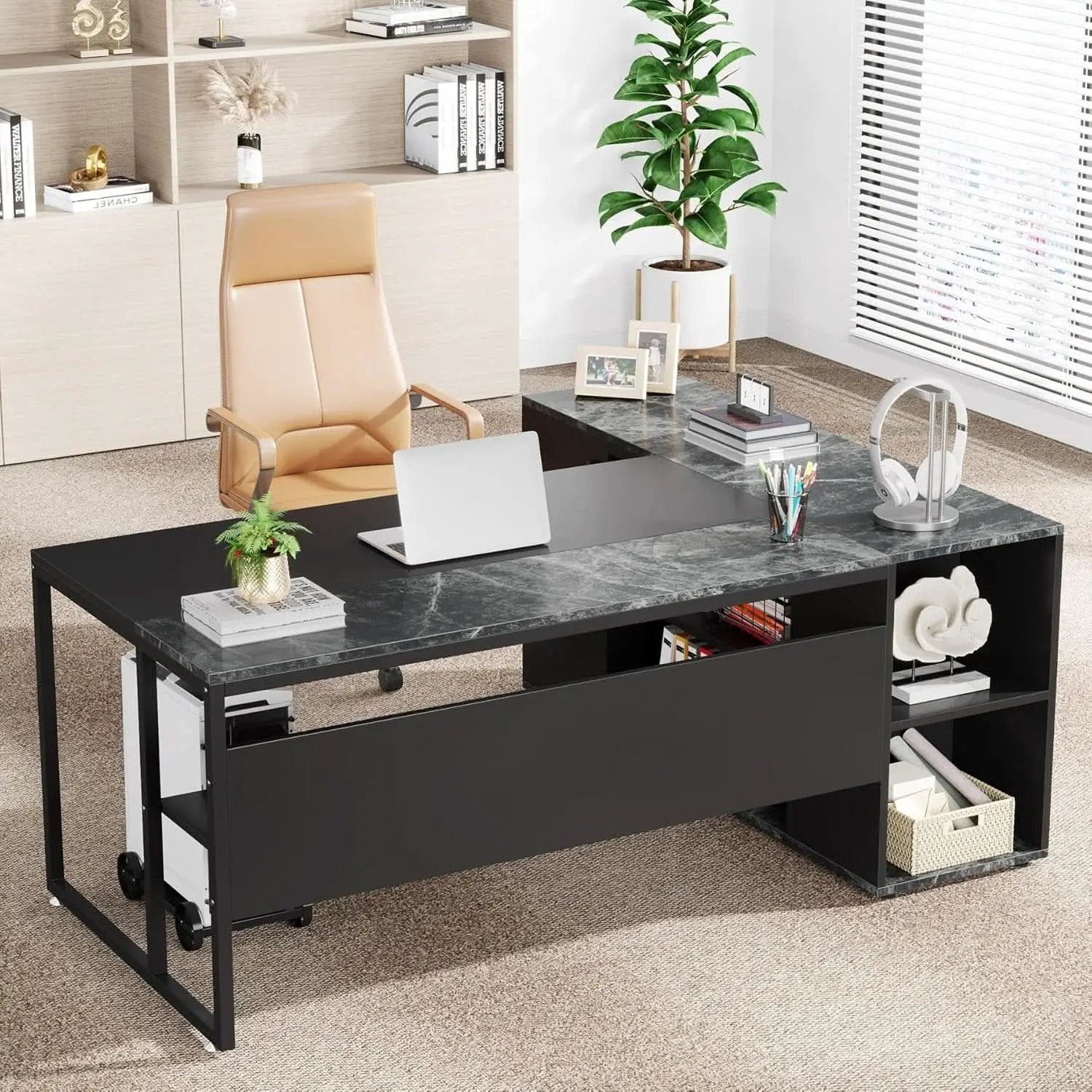 71 Inch Black L Shaped Executive Desk With Storage from PriceLows™