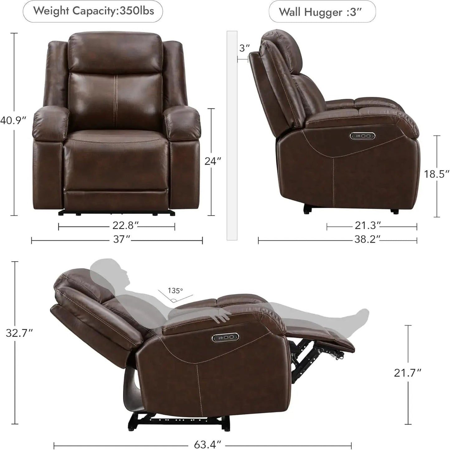 Dark Brown Leather Power Recliner Chair With Power Headrest from PriceLows™