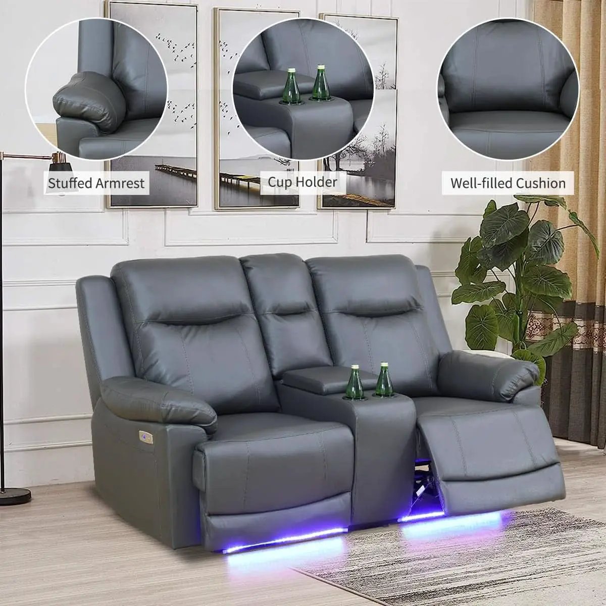 Power Recliner Sofa Set Leather With USB Ports Living Room from PriceLows™