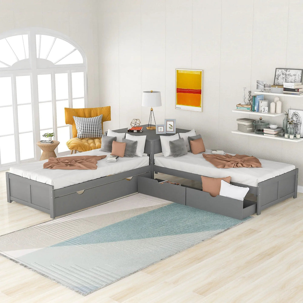 L Shaped Platform Bed | Built In Desk | Trundle With Drawers | Twin Size