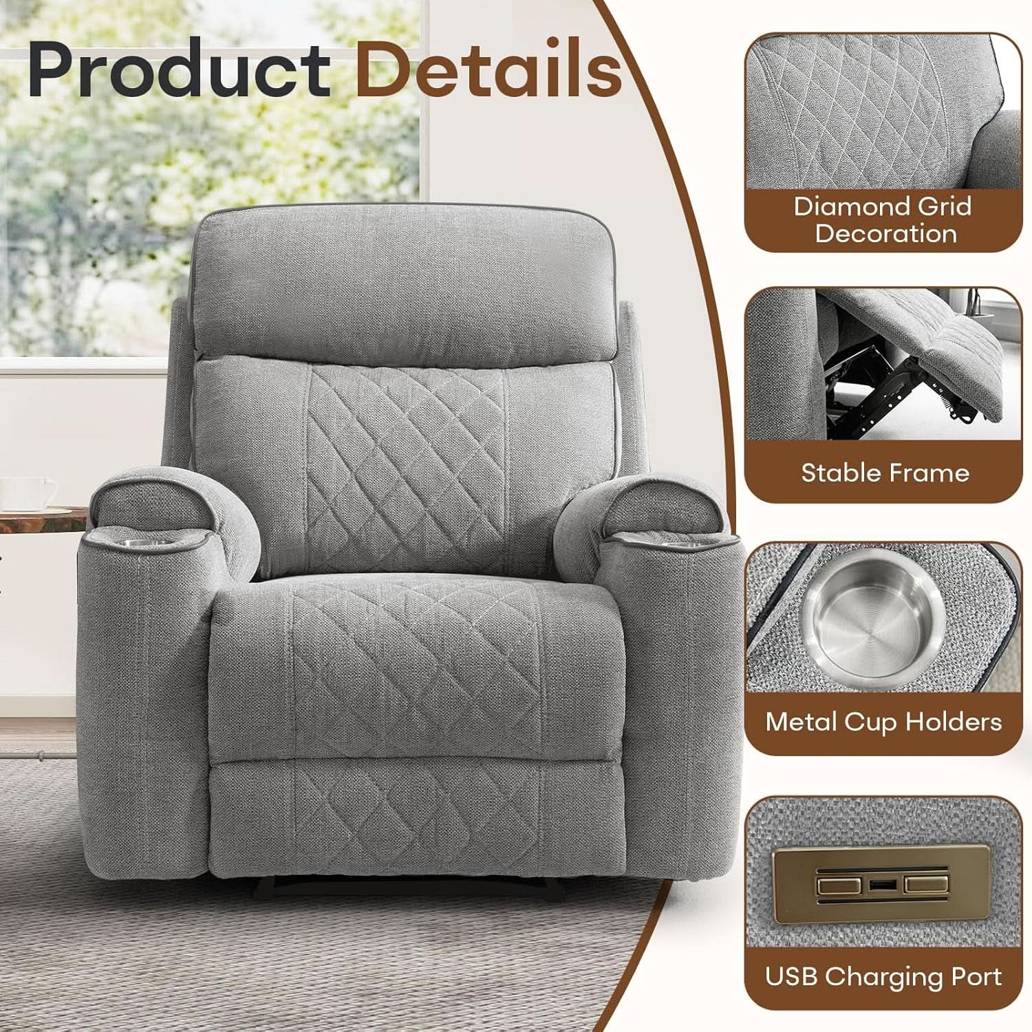 Electric Recliner Sofa USB Type C Ports Light Grey from PriceLows™