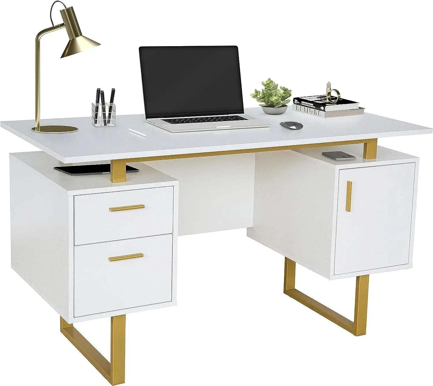 51 Inch White And Gold Desk With Storage Cabinet Drawers from PriceLows™