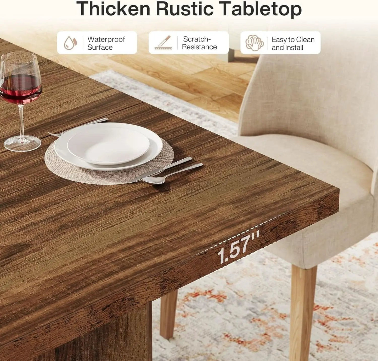 63 Inch Farmhouse Dining Table Vintage Brown Elegant from PriceLows™