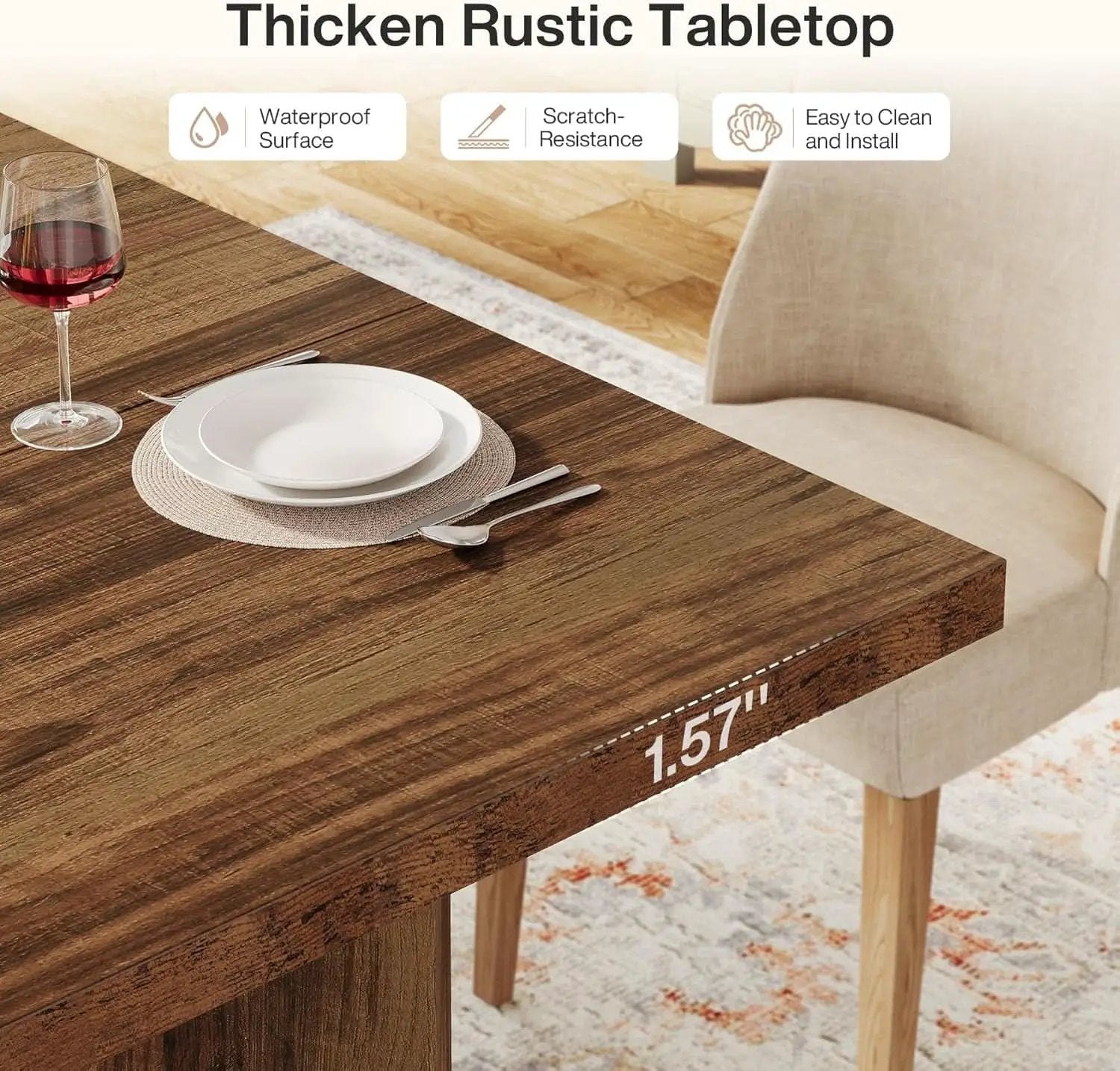 63 Inch Farmhouse Dining Table Vintage Brown Elegant from PriceLows™