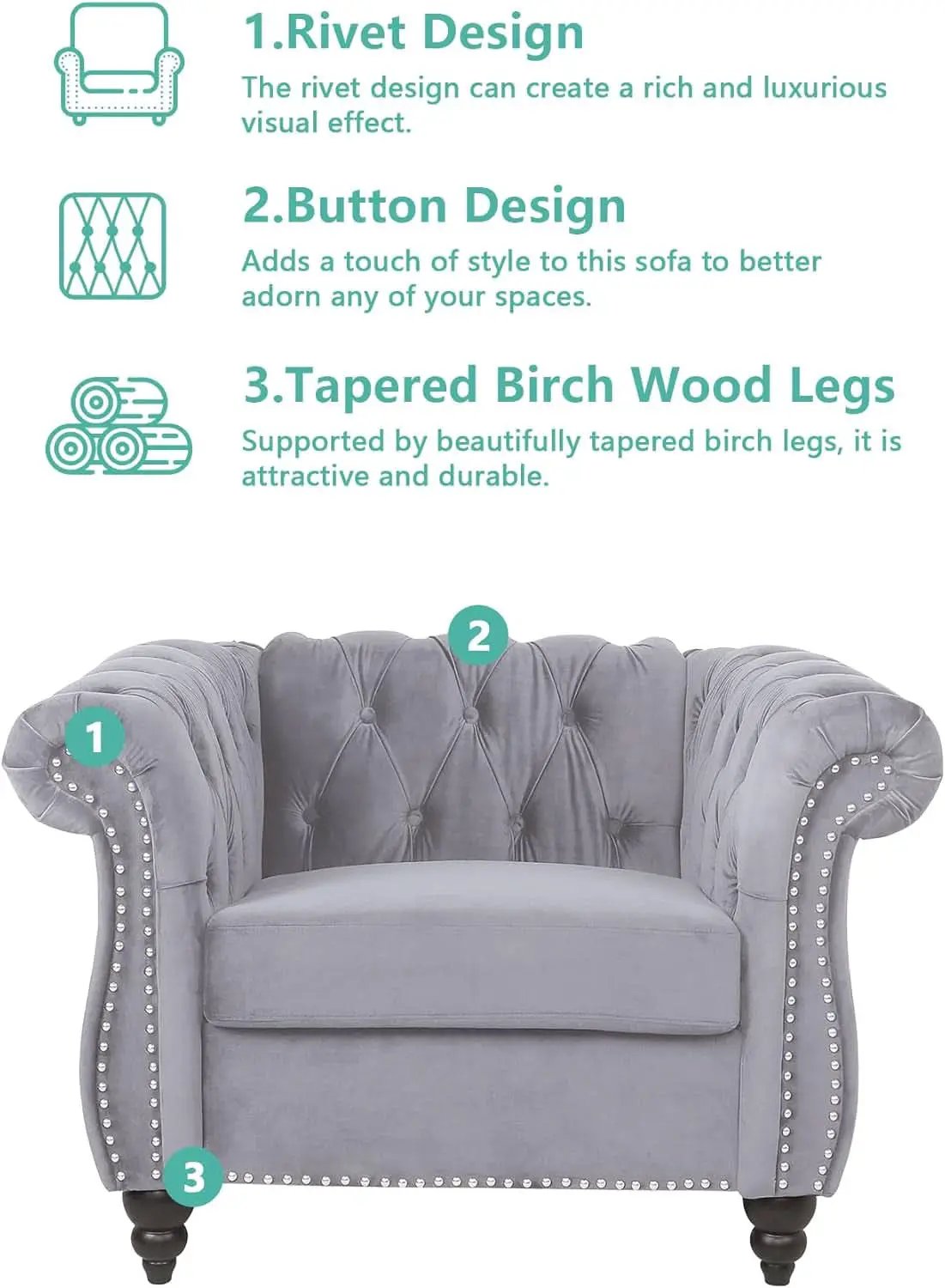 3 Piece Velvet Living Room Set Sectional Chesterfield Sofa Upholstered Loveseat And Chair from PriceLows™