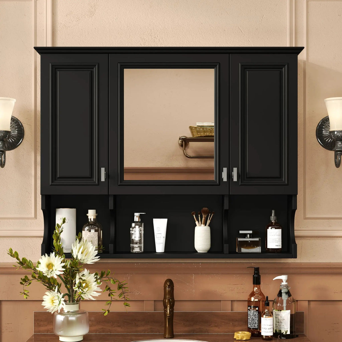 Wall Mounted Medicine Cabinet | Mirror | Open Shelves | 35 Inch Width