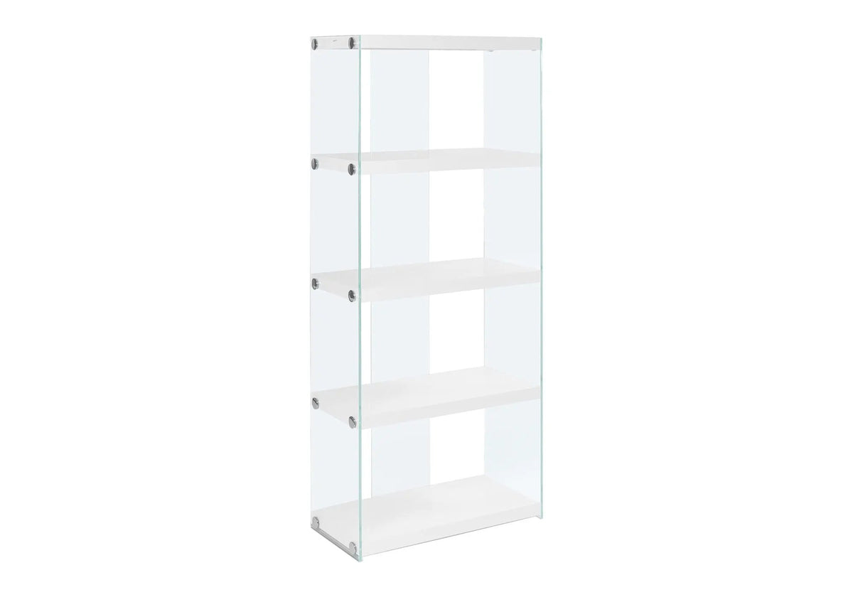 5 Tier Etagere Bookshelf | Glossy Clear Tempered Glass | Polished Chrome Accents | White