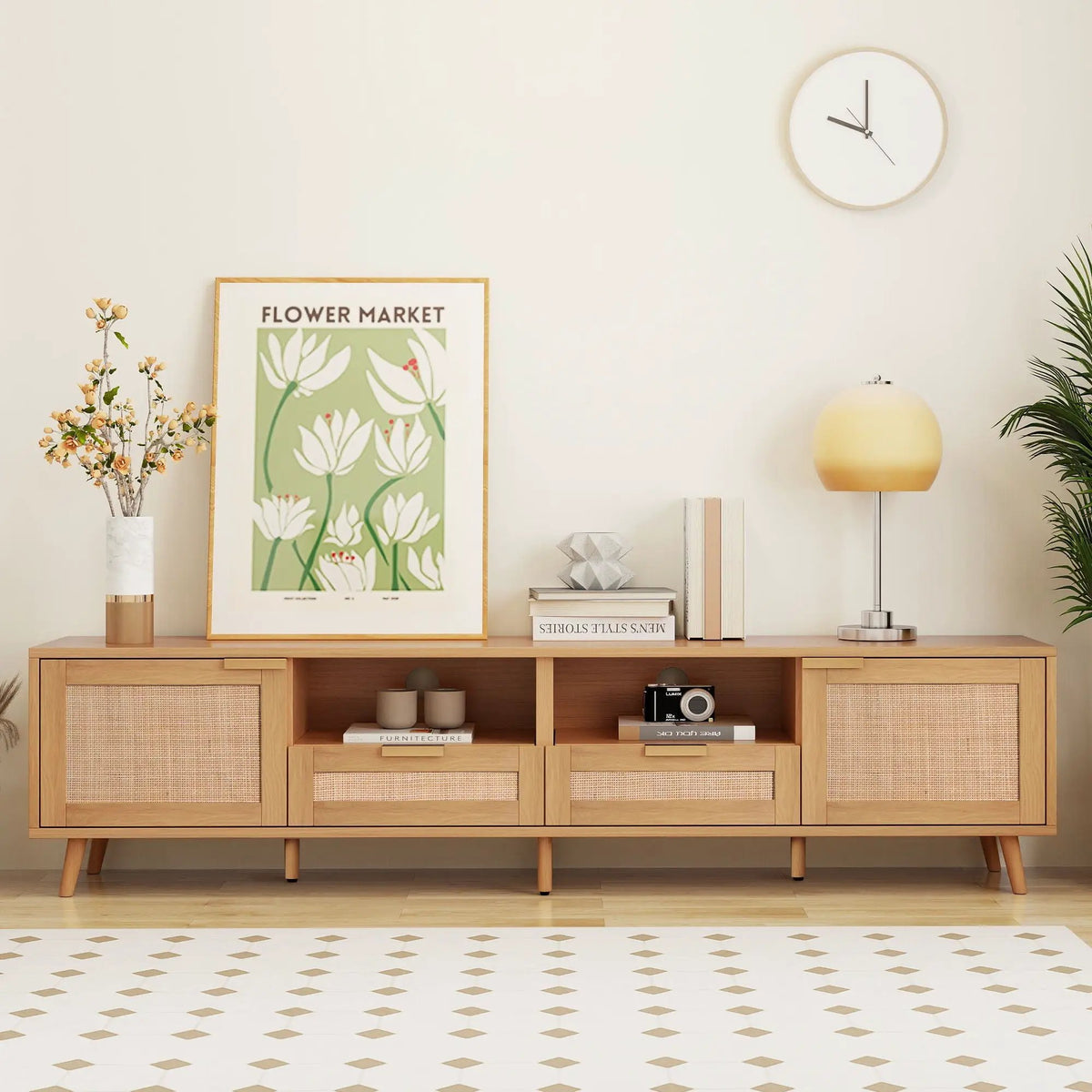 Rattan TV Stand | Media Console | Two Cabinets And Two Open Shelves | Cable Management
