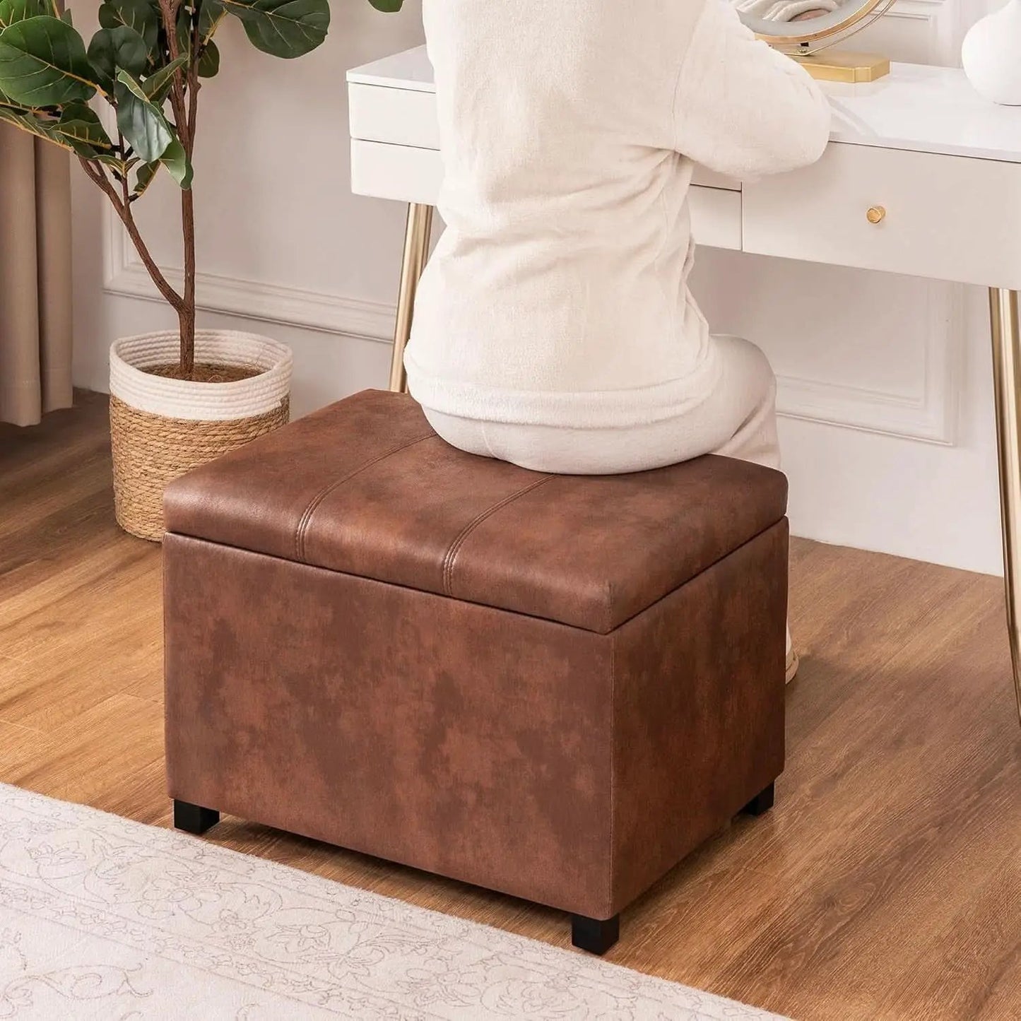 Leather Storage Ottoman Bench 24 Inches Rectangular from PriceLows™