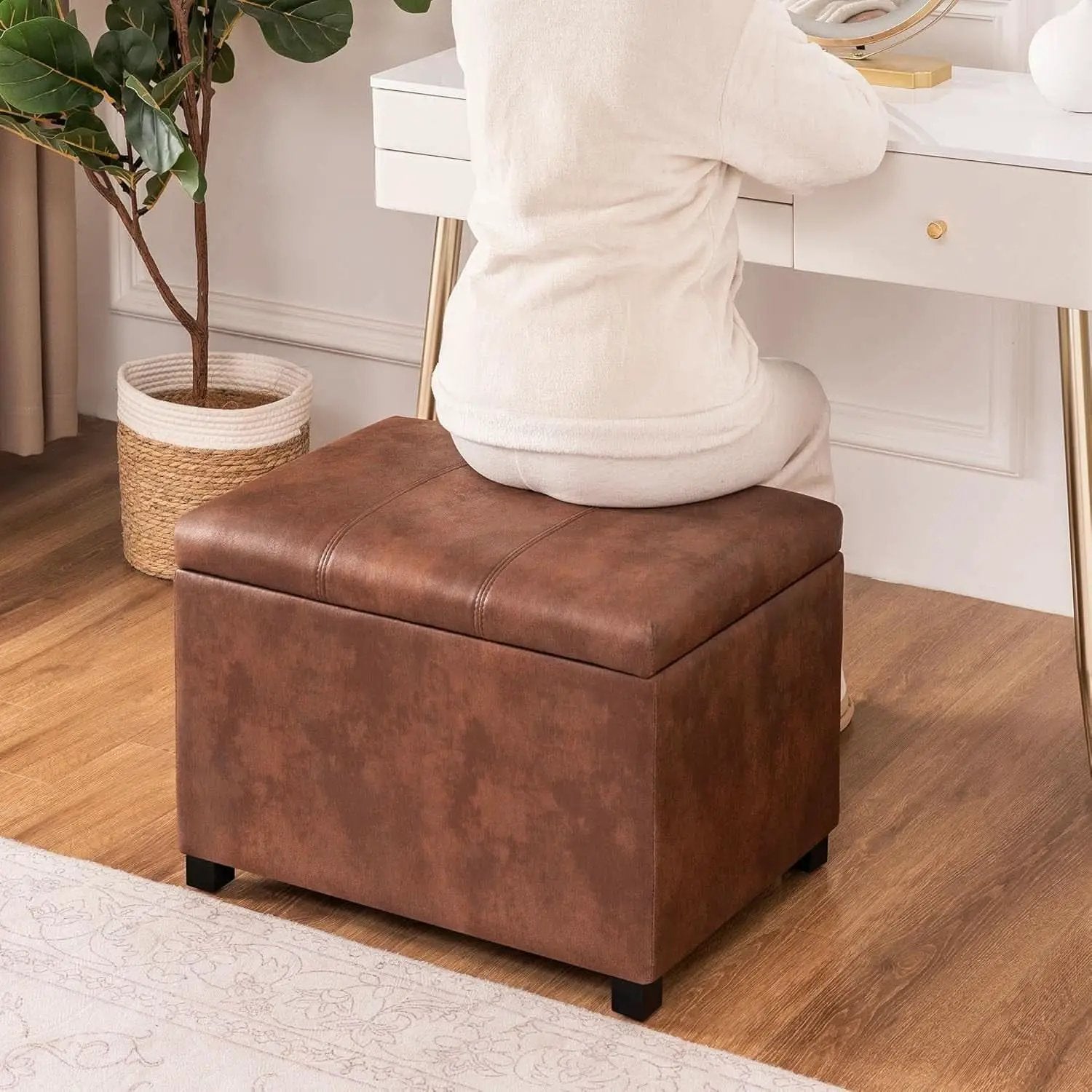 Leather Storage Ottoman Bench 24 Inches Rectangular from PriceLows™