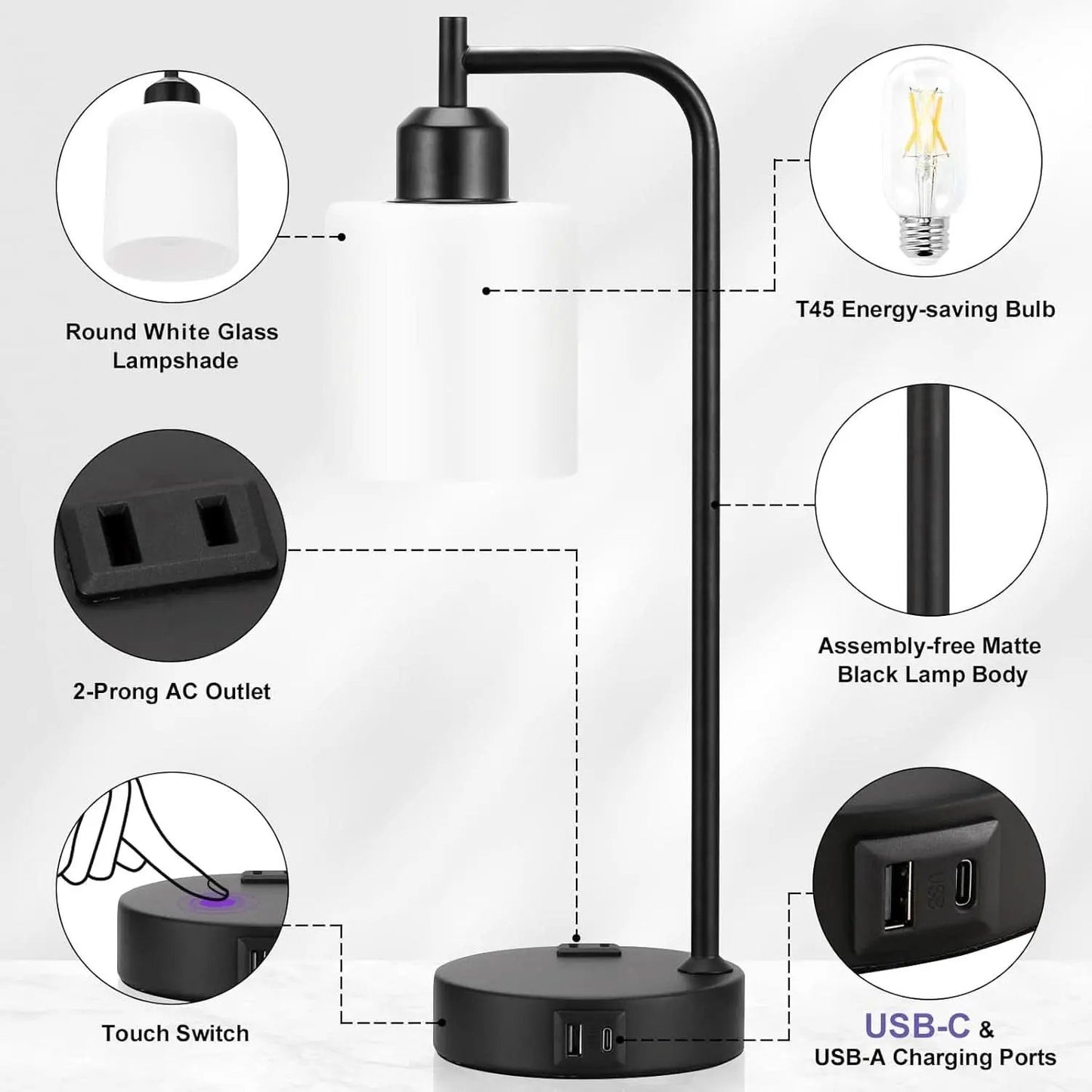 Industrial Touch Bedside Lamps 3-Way Dimmable USB-C from PriceLows™