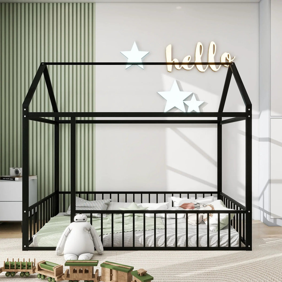 Kids Metal Bed Frame | Roof And Side Fence | Semi Enclosed Space | Three Colors