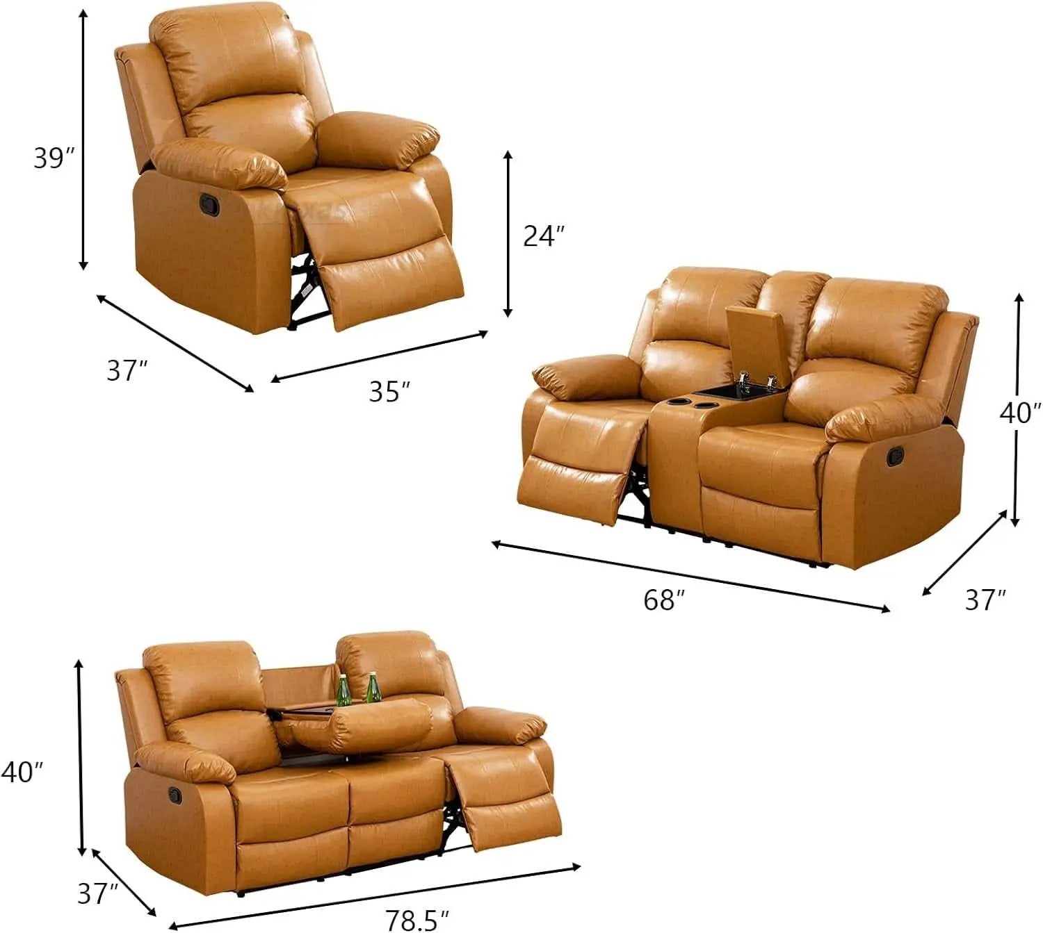 Manual Recliner Sofa Set Ginger Vegan Leather Cupholders from PriceLows™