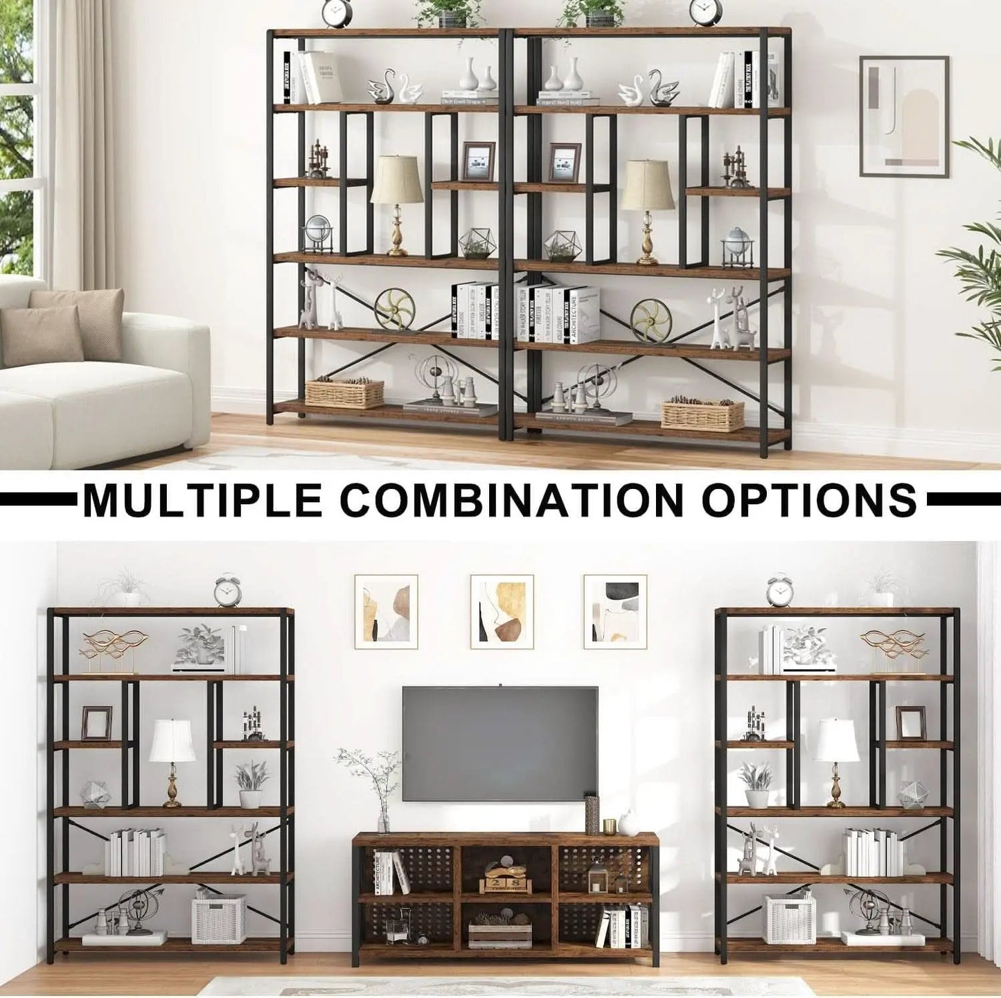Rustic Industrial 6 Tier Bookcase Brown Wood Black Metal from PriceLows™
