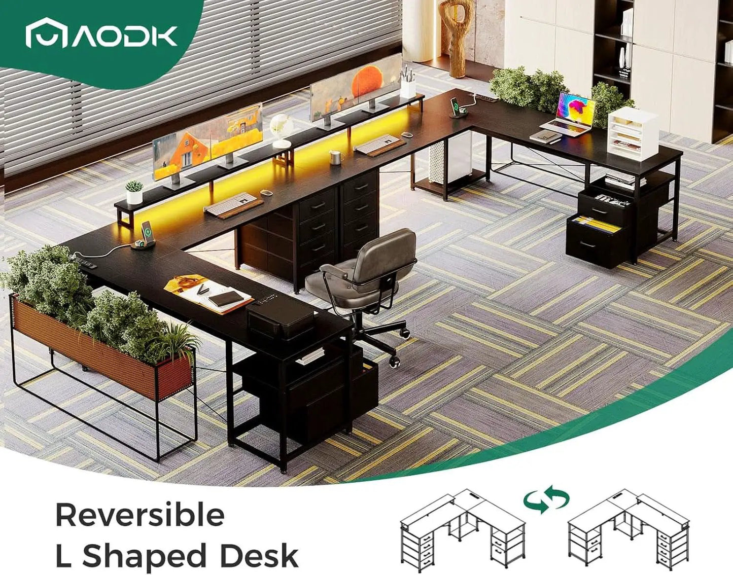 66 Inch L Shaped Computer Desk With LED Lights And Power Outlet from PriceLows™