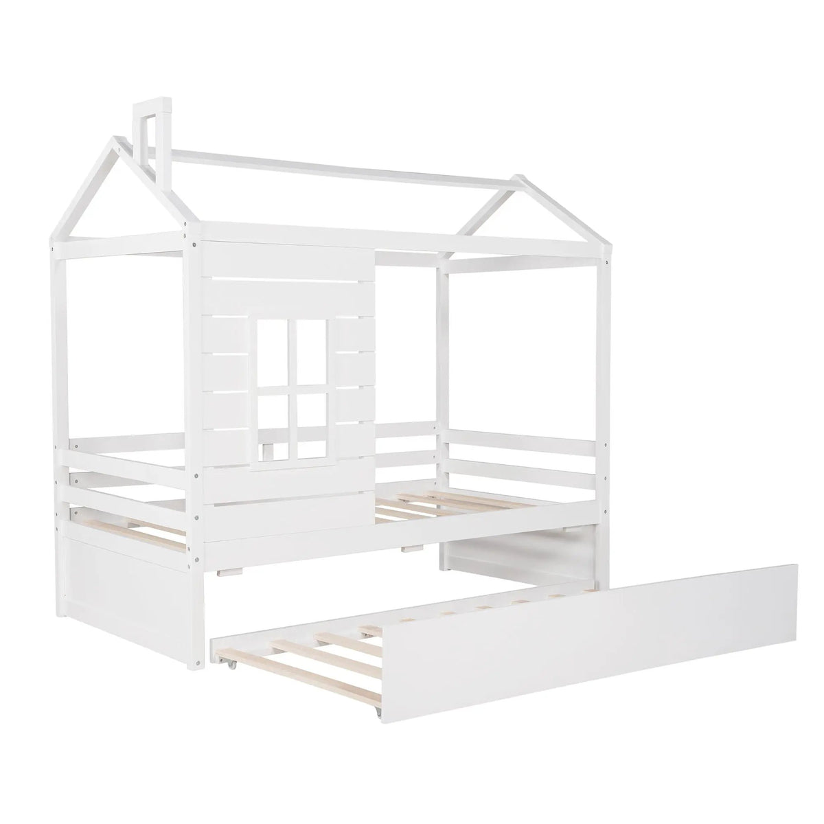Twin Size Classic House Bed | Twin Trundle | White | 75.5 Inch Height