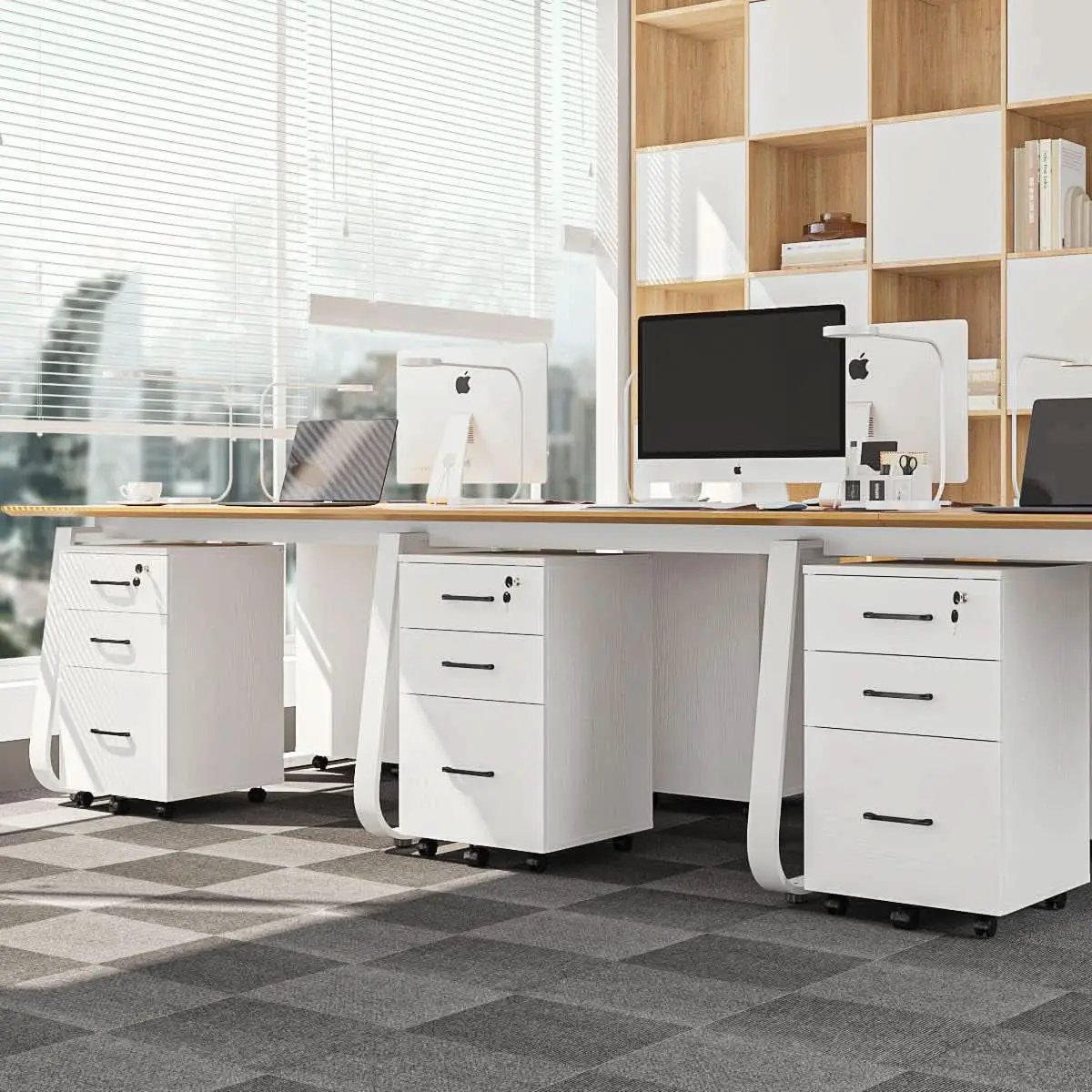 Three Drawer White Wood Mobile File Cabinet Under Desk Storage For Home Office Organization from PriceLows™