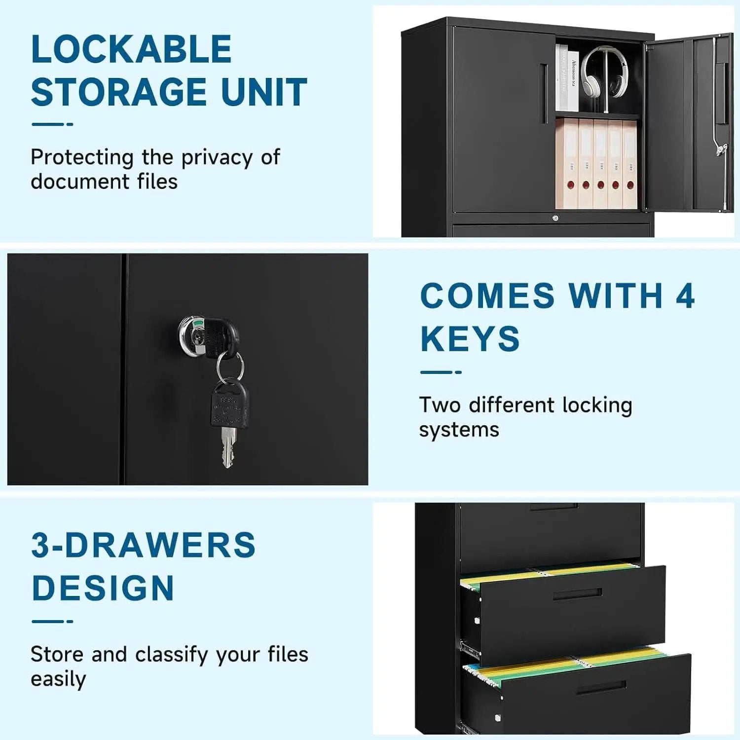 Three Drawer Metal File Cabinet Locking With Storage Shelves Black For Legal Letter A4 Documents from PriceLows™