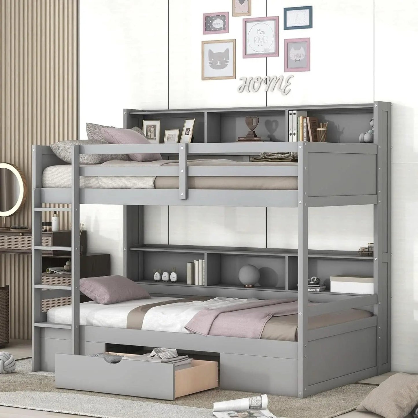 Twin Over Twin Bunk Bed Gray Storage Drawer And Shelves from PriceLows™