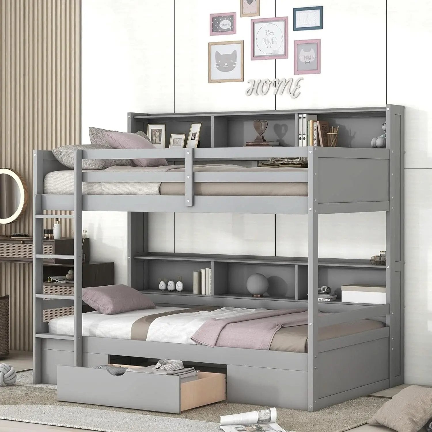 Twin Over Twin Bunk Bed Gray Storage Drawer And Shelves from PriceLows™