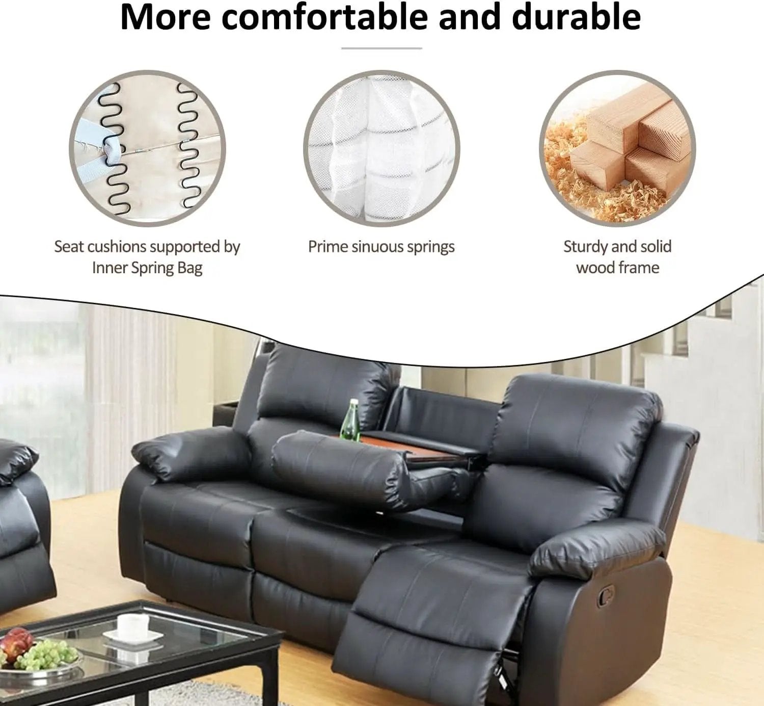 Leather Recliner Sofa Set Black For Living Room And Small Spaces from PriceLows™