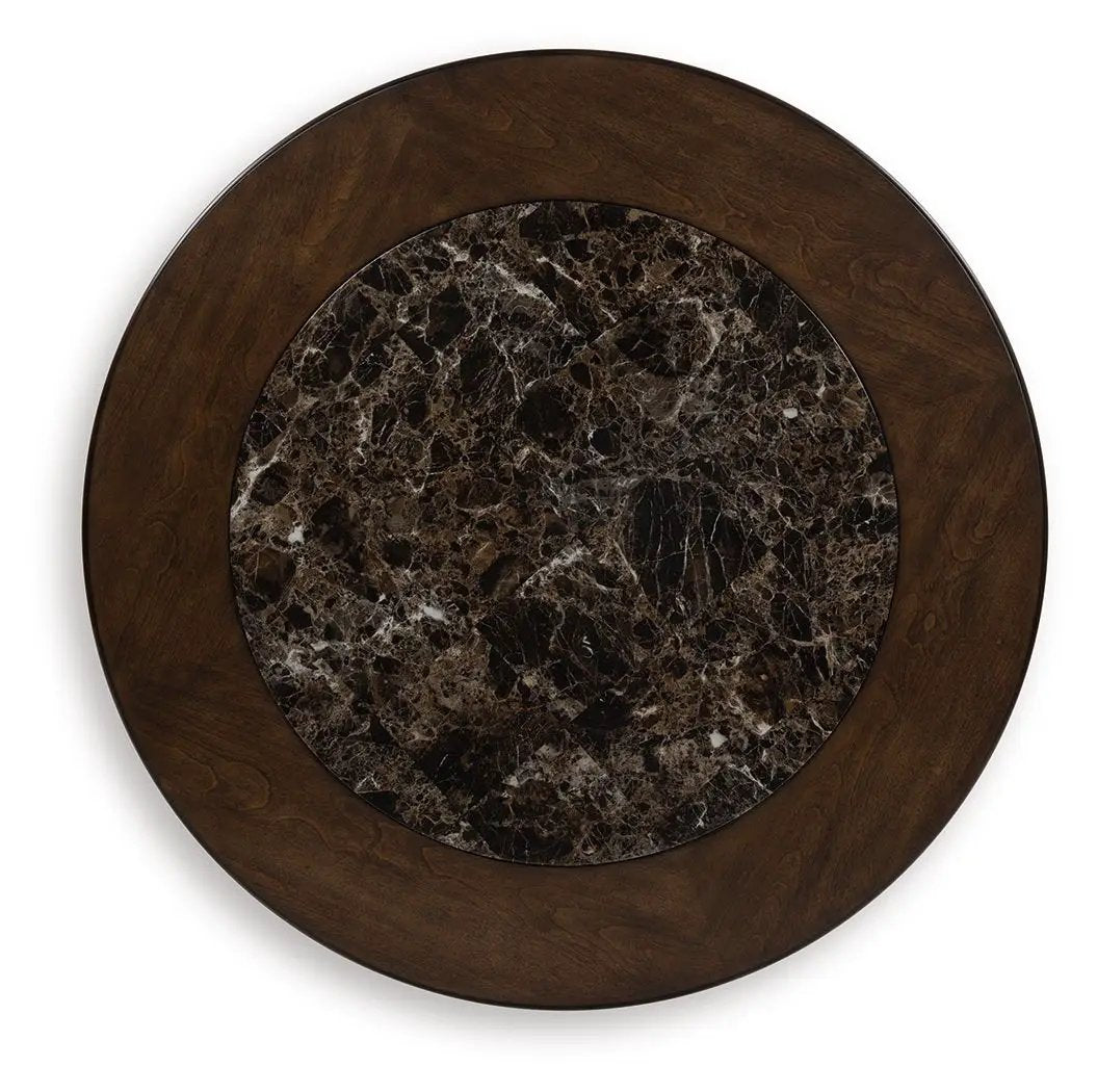 Frallyn Round Cocktail Table | Dark Brown | Faux Marble Laminate Top | 42 Inch Diameter