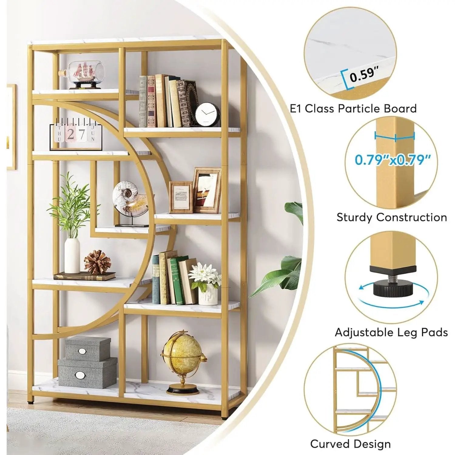 Industrial 5 Tier Etagere Bookcase Gold Frame Shelves from PriceLows™